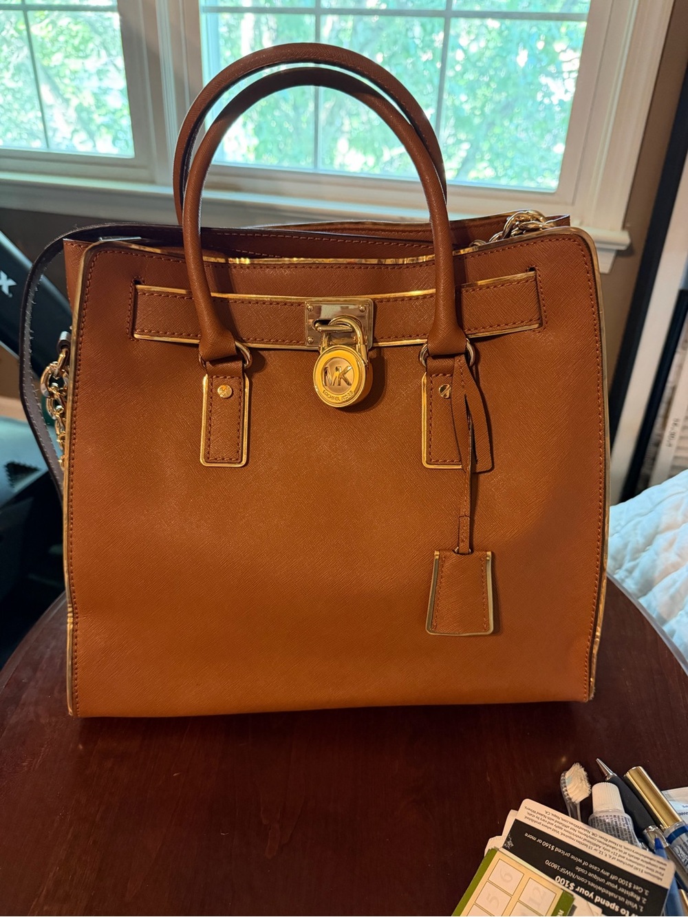 Michael Kors Tan Saffiano Leather Satchel with Gold Hardware